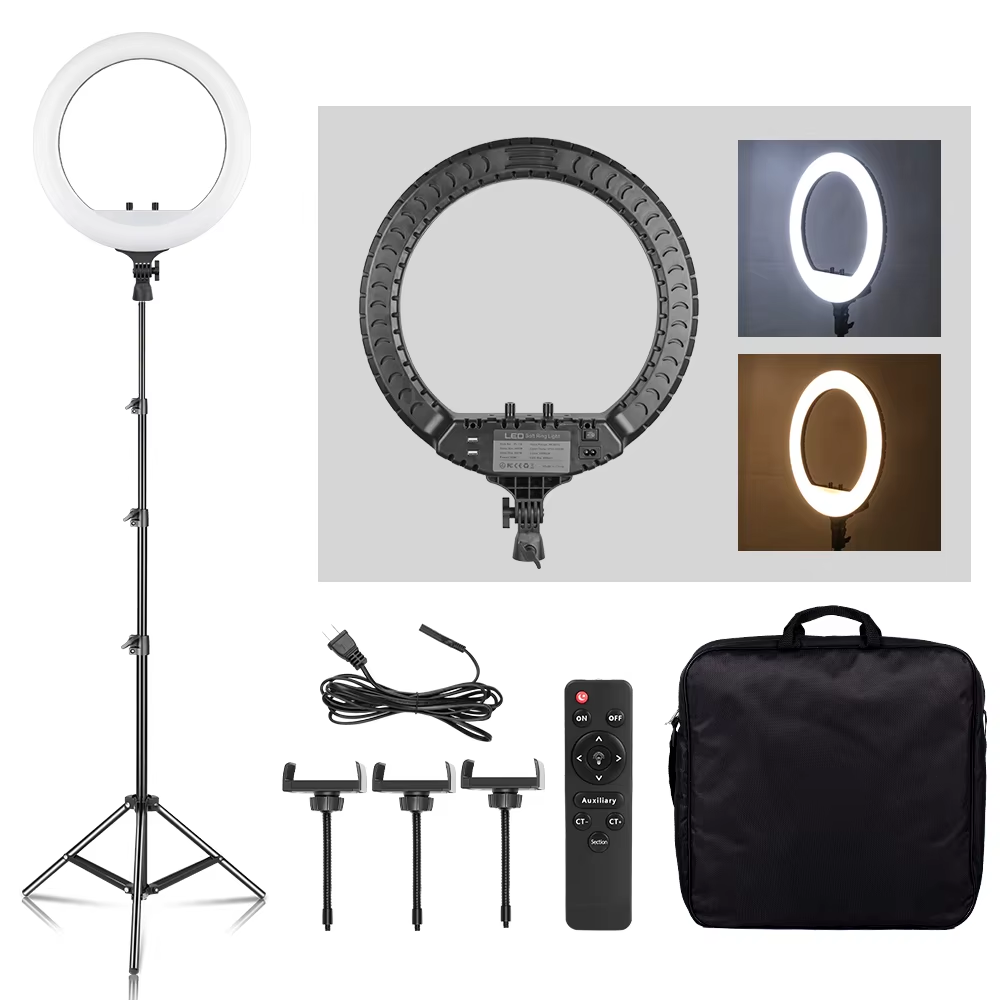 Photography Lighting With Umbrella - ไฟวงแหวน LED ขนาด 18 นิ้ว พร้อมขาตั้งกล้องและที่หนีบโทรศัพท์