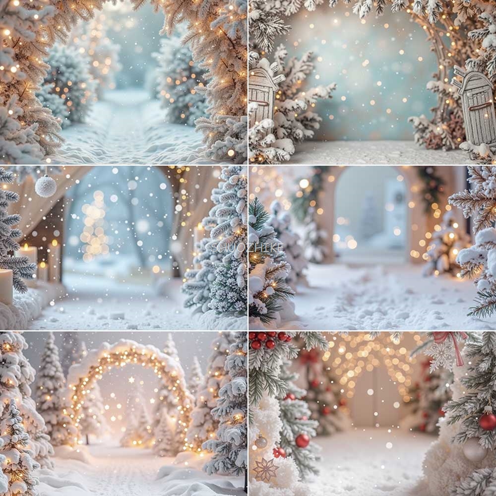 Photography Lighting White Background - หิมะคริสต์มาสไฟสีขาว Bokeh ฉากหลังสําหรับถ่ายภาพหรูหราต้นไม้ Photo Studio พื้นหลังฤดูหนาว