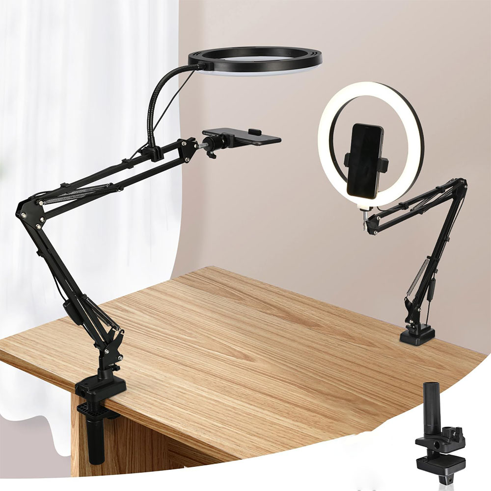 Photography Lighting With Umbrella - ไฟวงแหวนพร้อมขาตั้งและที่วางโทรศัพท์ ไฟวงแหวน USB พร้อมแคลมป์กล้องเหนือศีรษะเซลฟี่ขาตั้งกล้องแบบยืดหยุ่นสําหรับการถ่ายภาพ